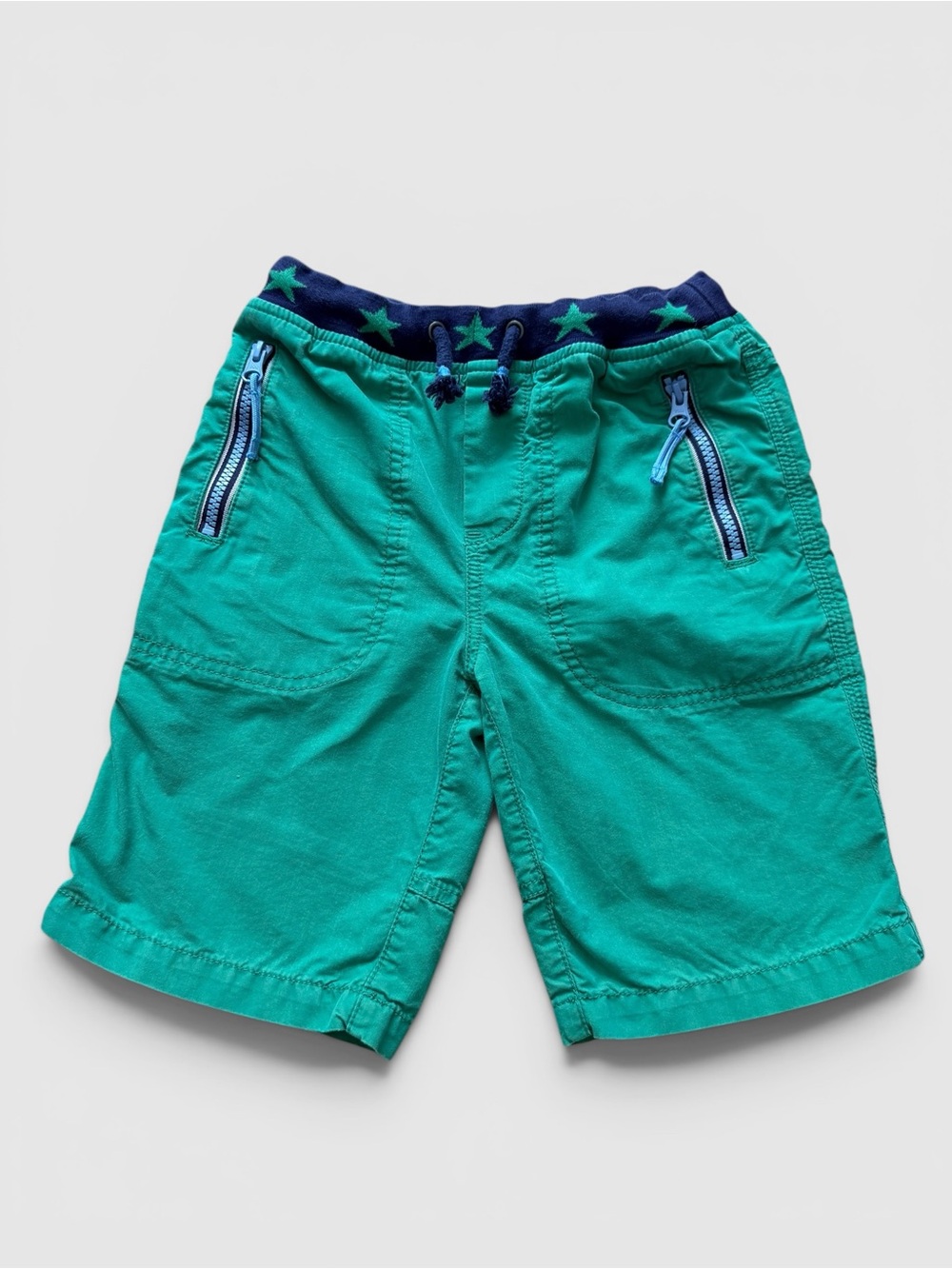 Mini Boden Boys Green Pull On Shorts Star Waist Zip Pockets Size 6Y